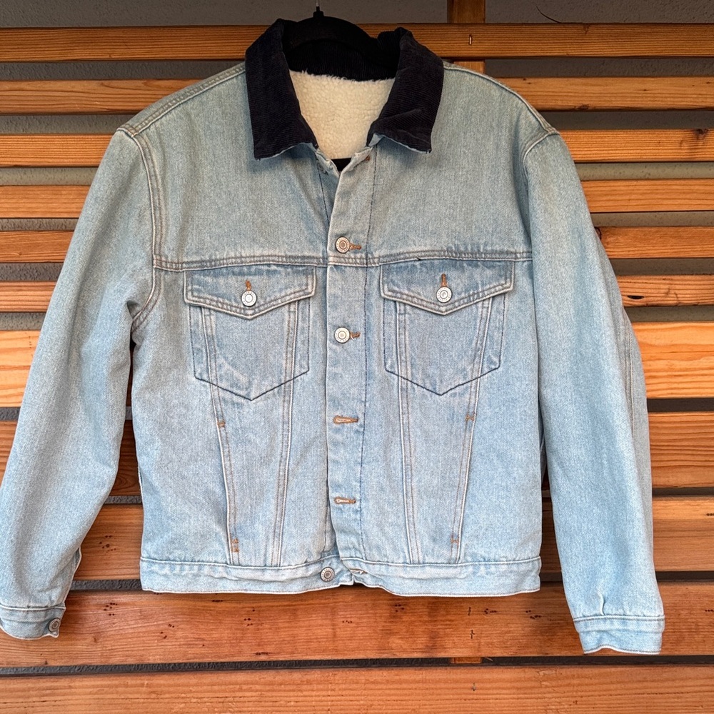 Sherpa lined Denim Jacket with Navy Corduroy Collar